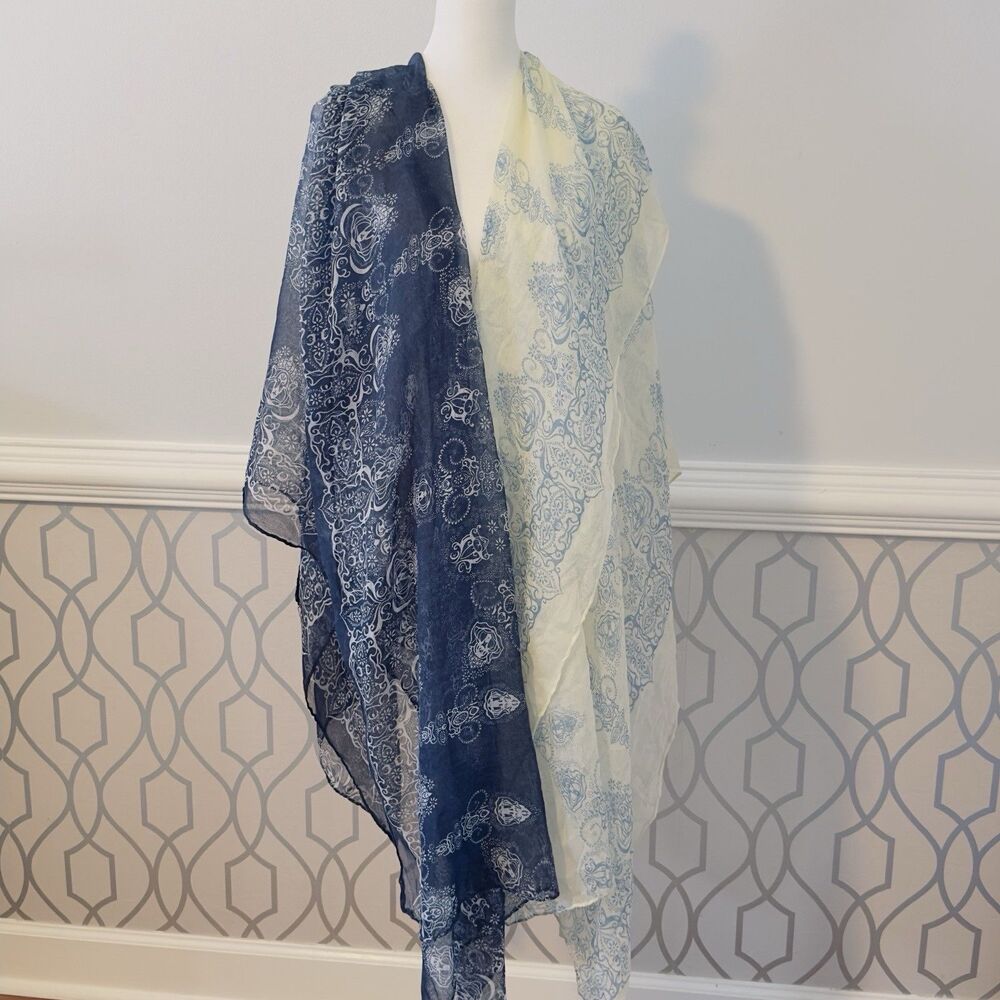 Lot of 2 Scarf Wrap Shawl Lightweight White Blue & Blue White Gauze Demask Beach